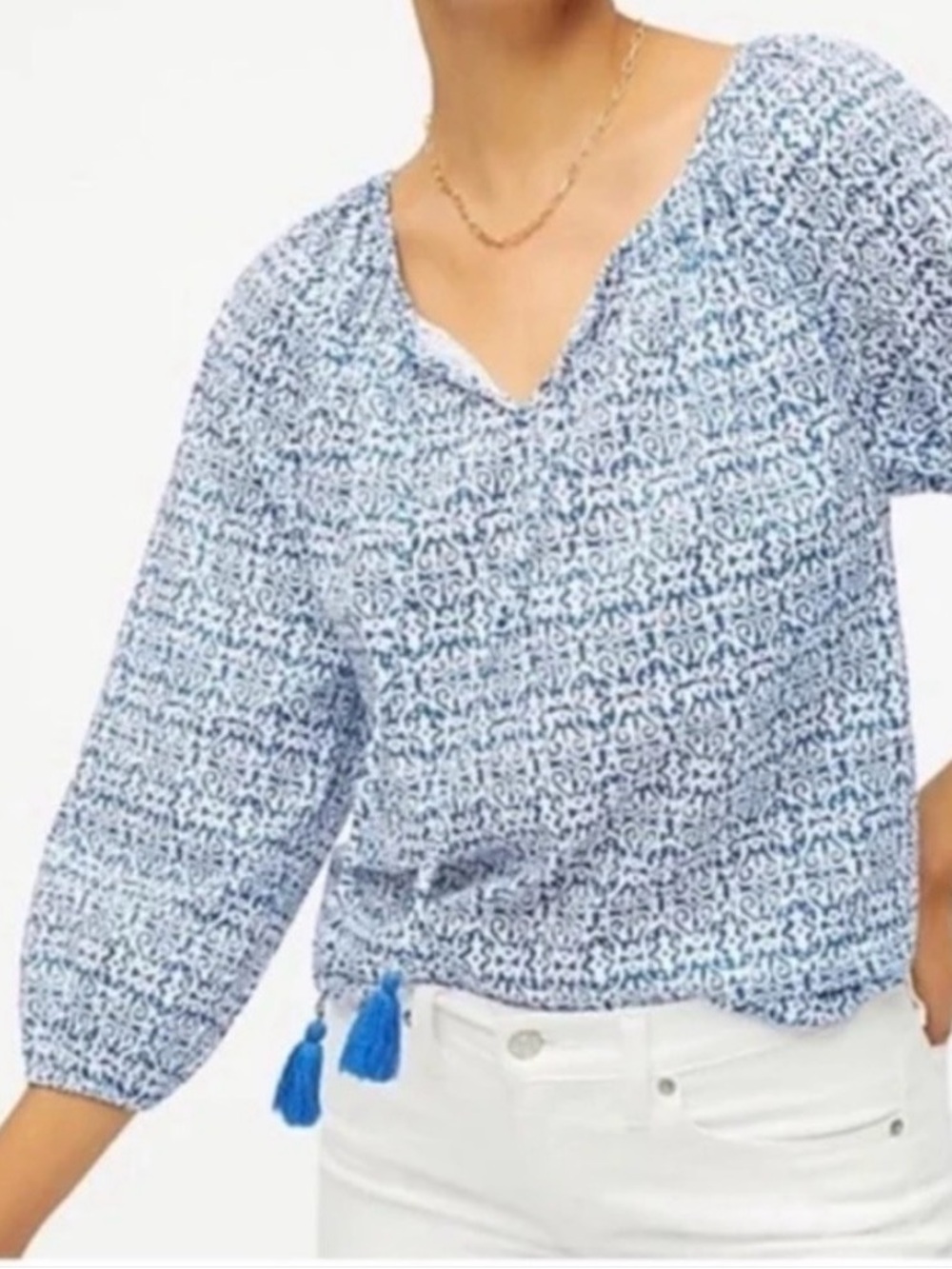 J. Crew Blue Printed V-Neck Tassel Hem Tunic